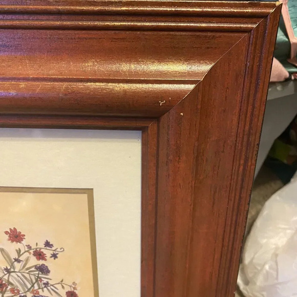 Old Vtg WATERCOLOR Art PAINTING ? FLORAL POT Wood Framed WALL HANGING 17”x20” - Picture 3 of 8